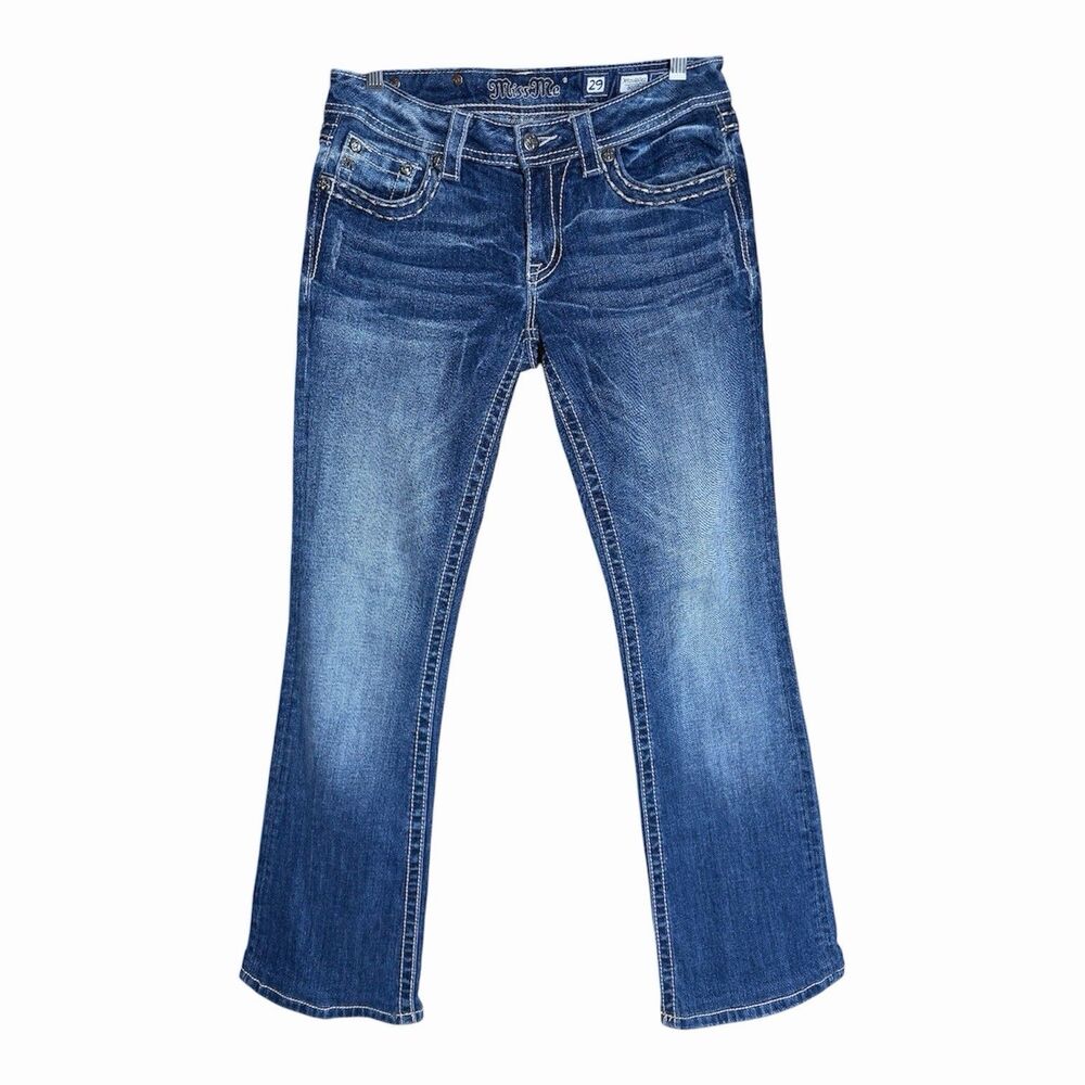 Miss Me Boot Cut Medium Wash Flap Pocket Low Rise Thick Stitch Y2K Stretch 29x31